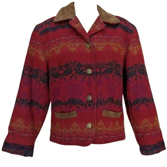 Vintage Woolrich Jacket Red Southwestern Aztec Suede Trim Wool USA Size S Button - Picture 1 of 10